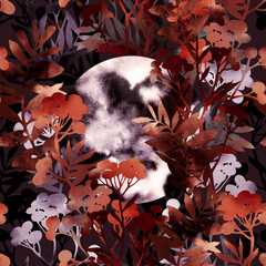 Moon blooming magical flowers. Boho chic floral seamless pattern. Hand drawn endless motif in watercolour and digital. Mixed media botanical design for textile, fabric, packaging, decoupage, prints