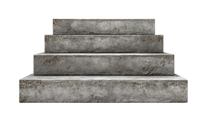 Four-step concrete staircase against black background.  Gray, weathered steps, rectangular in shape, rising from bottom to top.  Solid, substantial appearance.  Precise, clean lines