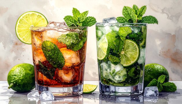 Two refreshing cocktails, rum and coke and mojito, garnished with lime and mint, stand side-by-side on a marble surface