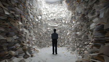A Man Stands Surrounded By A Massive Pile Of Documents