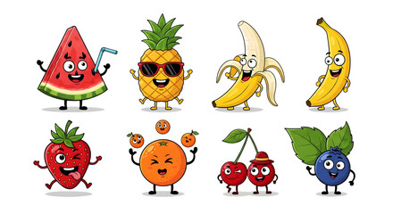 Photo of collection of happy cartoon fruits with faces, on white