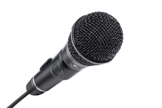 Close-up of a black microphone.  Wireless, handheld design.  Intricate grid pattern on the capsule.  High-quality, professional audio