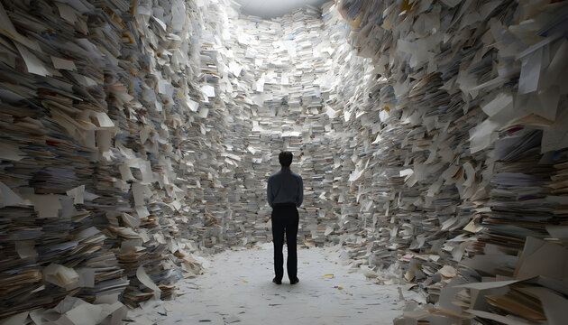 A Man Stands Surrounded By A Massive Pile Of Documents