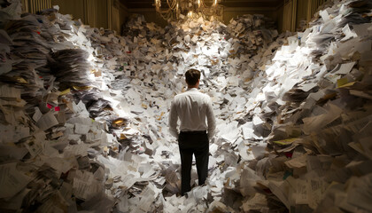 A Man Stands Surrounded By A Massive Pile Of Documents