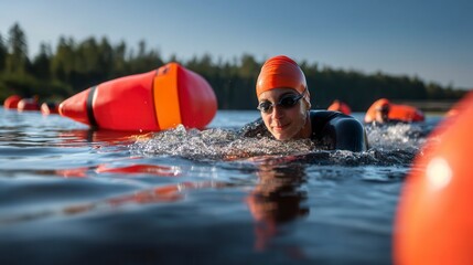 Determined female adult swimmer in bright orange cap and goggles navigating through open water near safety buoys during triathlon training in lake with forest backdrop