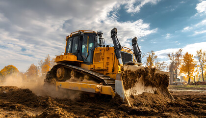 Yellow bulldozer pushing soil on construction site for earthmoving and land clearing projects, civil engineering