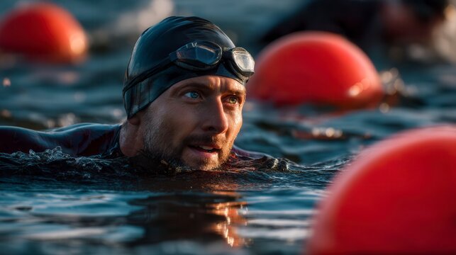 Determined male adult swimmer in open water competition navigating between red buoys at sunset, wearing black swim cap and goggles during triathlon event - Powered by Adobe