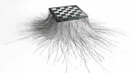 Obraz premium Surreal Chessboard with Flowing Fiber Optics on a White Backdrop for Innovation Concept