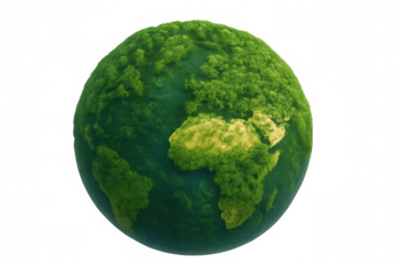 Rotating green planet with lush vegetation, representing global environmental sustainability against transparent backdrop