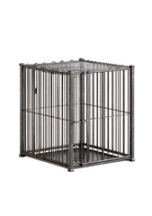 A dark gray metal cube cage.  Empty, rigid, and stark