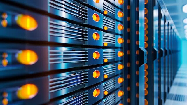 Digital Fortress: High-tech server units gleam with an array of lights in a data center, where information resides in a realm of technological precision and power.