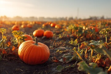 Bright and cheerful pumpkin field with leaves, representing fall, harvest festival and cozy outdoor moments. Perfect for autumn content, lifestyle blogs and holiday projects