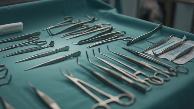 A collection of sterile stainless steel surgical instruments laid out on a blue surgical drape