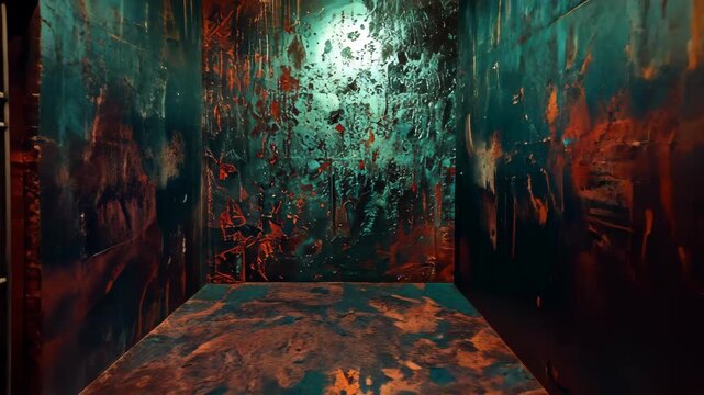 Disturbing Interior: A decaying room reveals a disconcerting scene, painted in shades of blood-red and teal, evoking unease and mystery.