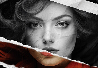 Black And White Torn Paper Edge Photo Effect Vintage Collage Portrait