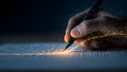 Person signing document, glowing particles emanating from pen.