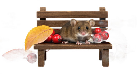 Adorable Tiny Mouse Resting on a Miniature Wooden Bench with Autumn Leaves and Berries Against a Warm Brown Background: A Charming Autumnal Scene