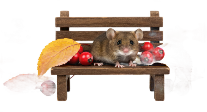Adorable Tiny Mouse Resting on a Miniature Wooden Bench with Autumn Leaves and Berries Against a Warm Brown Background: A Charming Autumnal Scene - Powered by Adobe