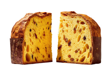 Two halves of a richly colored panettone, sliced through the center, showing the golden interior and dried fruit