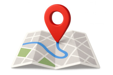 Location pin marking specific point on stylized folded map, representing travel navigation concept against transparent background