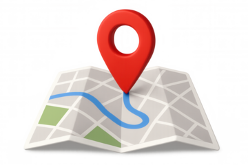 Location pin marking specific point on stylized folded map, representing travel navigation concept against transparent background