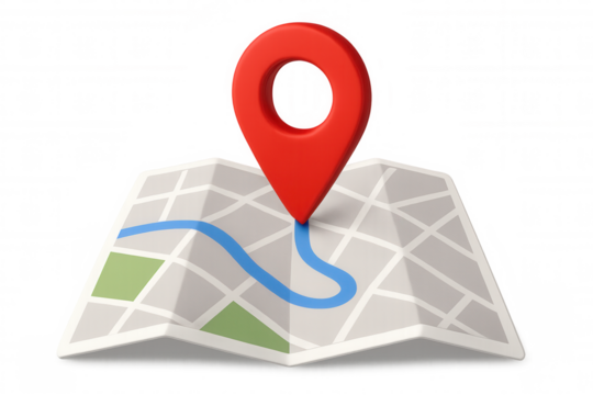 Location pin marking specific point on stylized folded map, representing travel navigation concept against transparent background