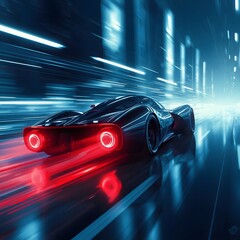Futuristic cyberpunk sports car racing at high speed through neon city lights at night, symbolizing technology, innovation, acceleration, sci fi atmosphere, and future transportation concept
