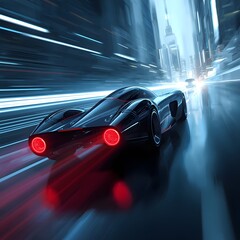 Futuristic cyberpunk sports car racing at high speed through neon city lights at night, symbolizing technology, innovation, acceleration, sci fi atmosphere, and future transportation concept