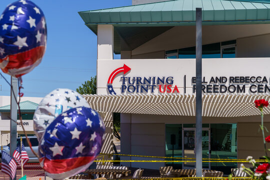 Phoenix, Arizona - September 13, 2025: American Flag balloon flies at Turning Point USA Headquarters, after Charlie Kirk was killed fatally shot while speaking at Utah Valley University in Orem