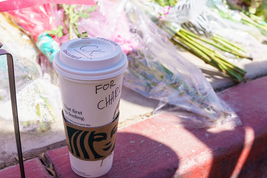 Phoenix, Arizona - September 13, 2025: Starbucks cup with Charlie Kirks name placed at Turning Point USA Headquarters, after Charlie Kirk was killed fatally shot while speaking 