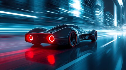 Futuristic cyberpunk sports car racing at high speed through neon city lights at night, symbolizing technology, innovation, acceleration, sci fi atmosphere, and future transportation concept