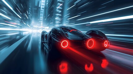 Futuristic cyberpunk sports car racing at high speed through neon city lights at night, symbolizing technology, innovation, acceleration, sci fi atmosphere, and future transportation concept