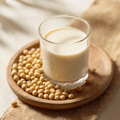 Fresh Soy Milk in Glass with Soybeans on Wooden Plate