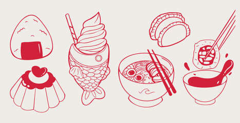 Vector Illustration of Japanese Food Dishes Sushi Ramen Onigiri Taiyaki Gyoza Dessert.