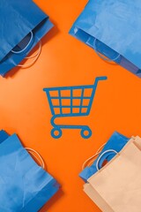 Shopping cart icon with paper bags on bright orange background, symbolizing online shopping, retail commerce, consumerism, purchase, sale, e commerce, and modern marketing design