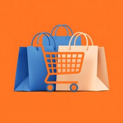 Shopping cart icon with paper bags on bright orange background, symbolizing online shopping, retail commerce, consumerism, purchase, sale, e commerce, and modern marketing design