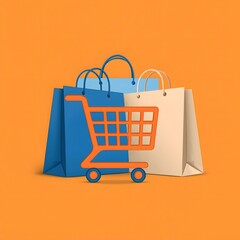 Shopping cart icon with paper bags on bright orange background, symbolizing online shopping, retail commerce, consumerism, purchase, sale, e commerce, and modern marketing design