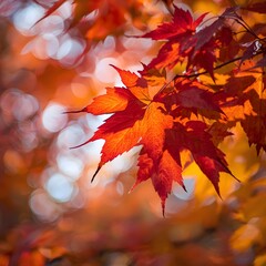 Close up of vibrant autumn maple leaves with warm sunlight bokeh, symbolizing seasonal change, natural beauty, fall foliage, and colorful nature backdrop background concept