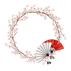 Watercolor sakura wreath with cherry blossoms and red traditional fan accent. Part of a large floral bouquet set. Perfect for wedding stationery, greeting card, or seasonal decorative projects.