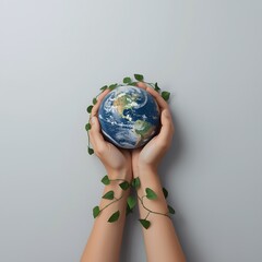 Hands gently holding a small globe wrapped with green ivy on neutral background, symbolizing sustainability, environmental care, eco responsibility, and nature protection concept
