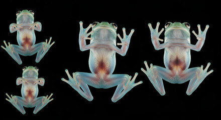 frog, Several transparent glass frogs with visible internal organs displayed against a black background