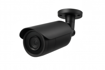 Modern black security camera providing surveillance, featuring a transparent background for easy integration into various projects