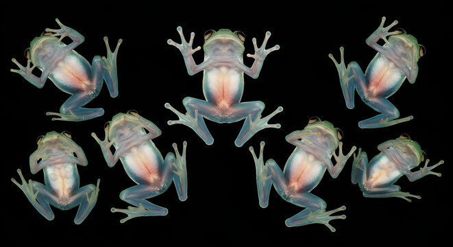 frog, Several transparent glass frogs with visible internal organs displayed against a black background