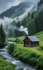 Rustic Log Cabin by a Stream: Misty Mountain Retreat


