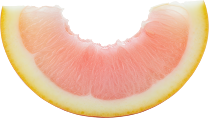 Close up slice of pink grapefruit with a bite taken out yellow rind isolate citrus food healthy transparent background