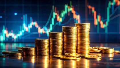 Financial growth chart reflected behind stacks of gleaming golden coins