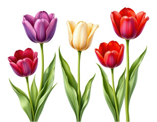 Fototapeta premium Colorful Tulips with Green Leaves on Transparent background