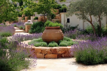 Serene garden pathway adorned with lavender flowers and a decorative clay pot in a tranquil outdoor setting during daytime