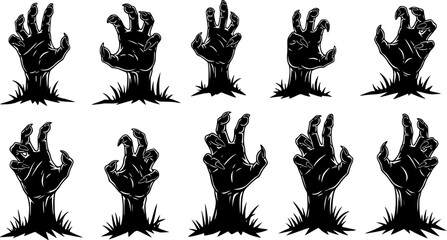 Zombie hands silhouette. Creepy zombie crooked lambs stick out of graveyard ground vector illustration set. Halloween zombie hands