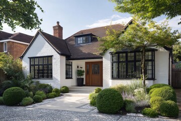 Beautiful modern cottage with lush landscaping and elegant entrance located in a serene neighborhood during bright daylight